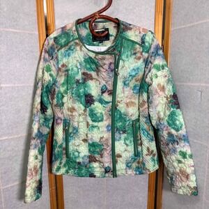 Women's 40 M/L Rino & Pelle Green Floral Watercolor Quilt‎ Stich Moto Zip Jacket